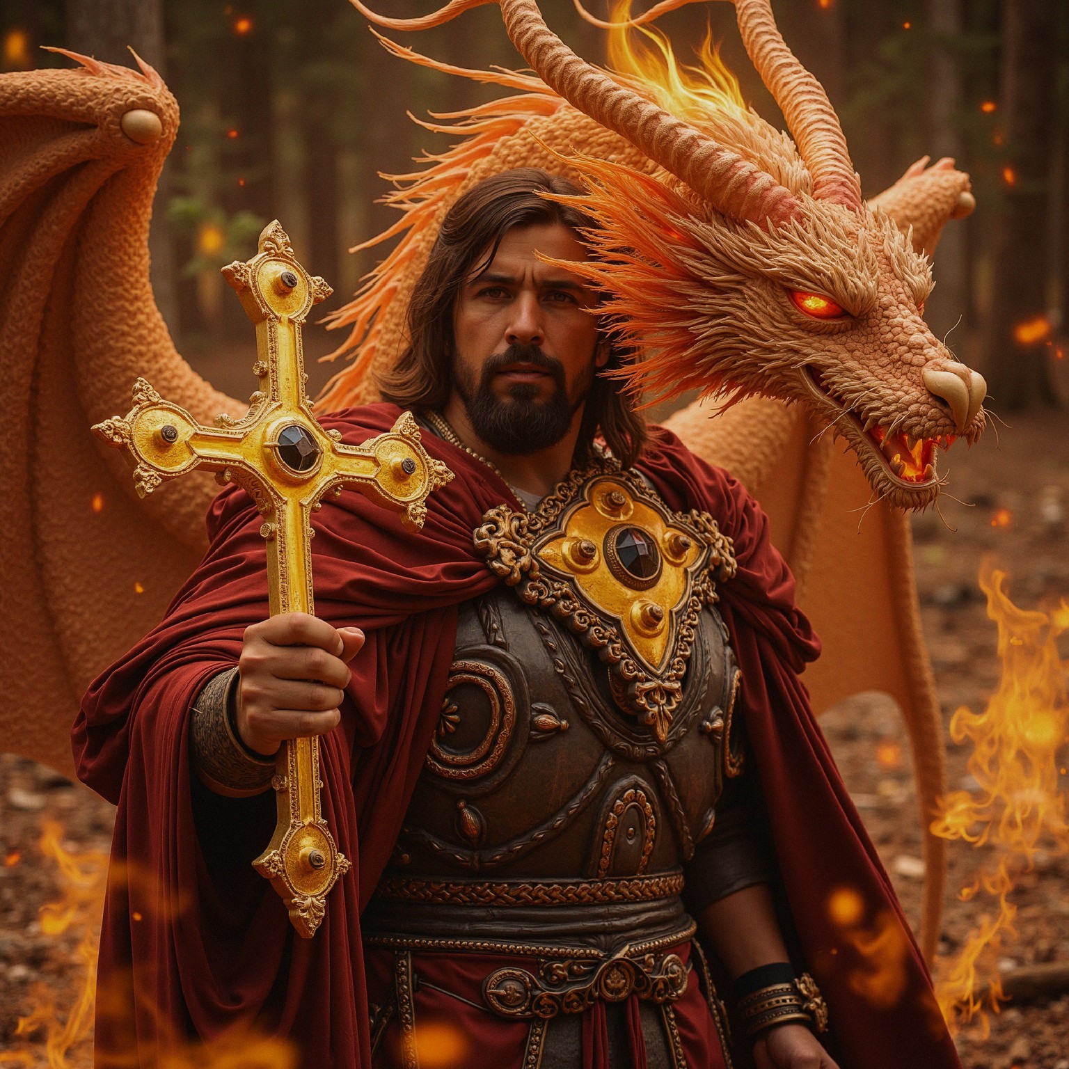 Armored Figure and Dragon in Enchanted Forest Setting