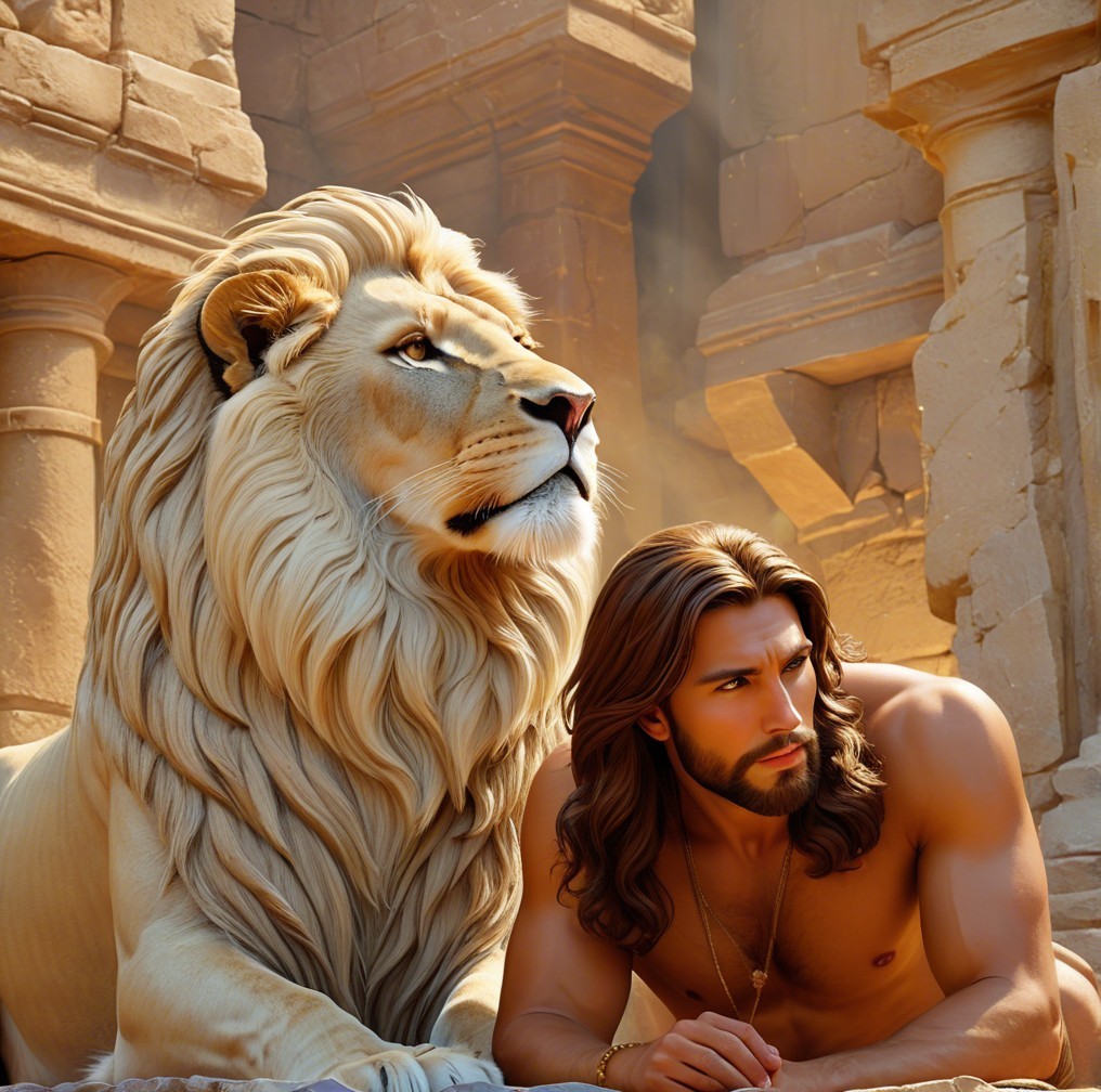 Muscular Man and Lion in Ancient Stone Setting