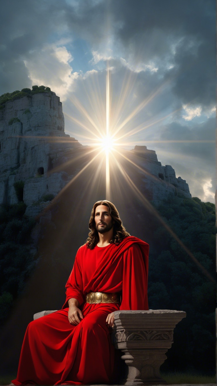Figure in Red Robe Surrounded by Dramatic Cliffs