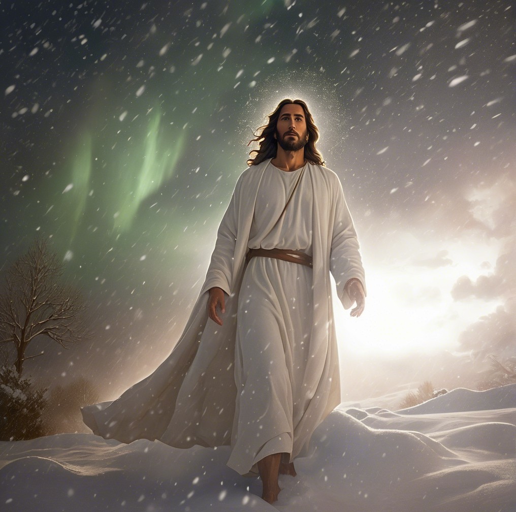 Serene figure in snowy landscape with aurora borealis