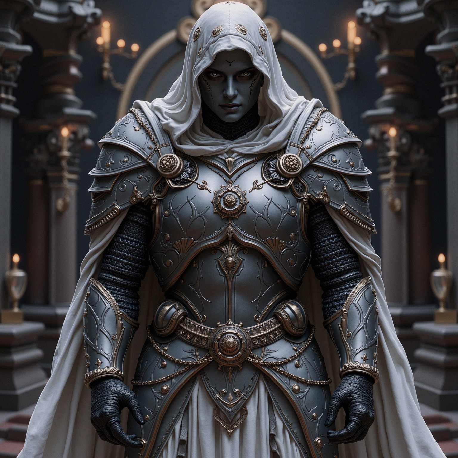 Confident Figure in Ornate Silver and Black Armor