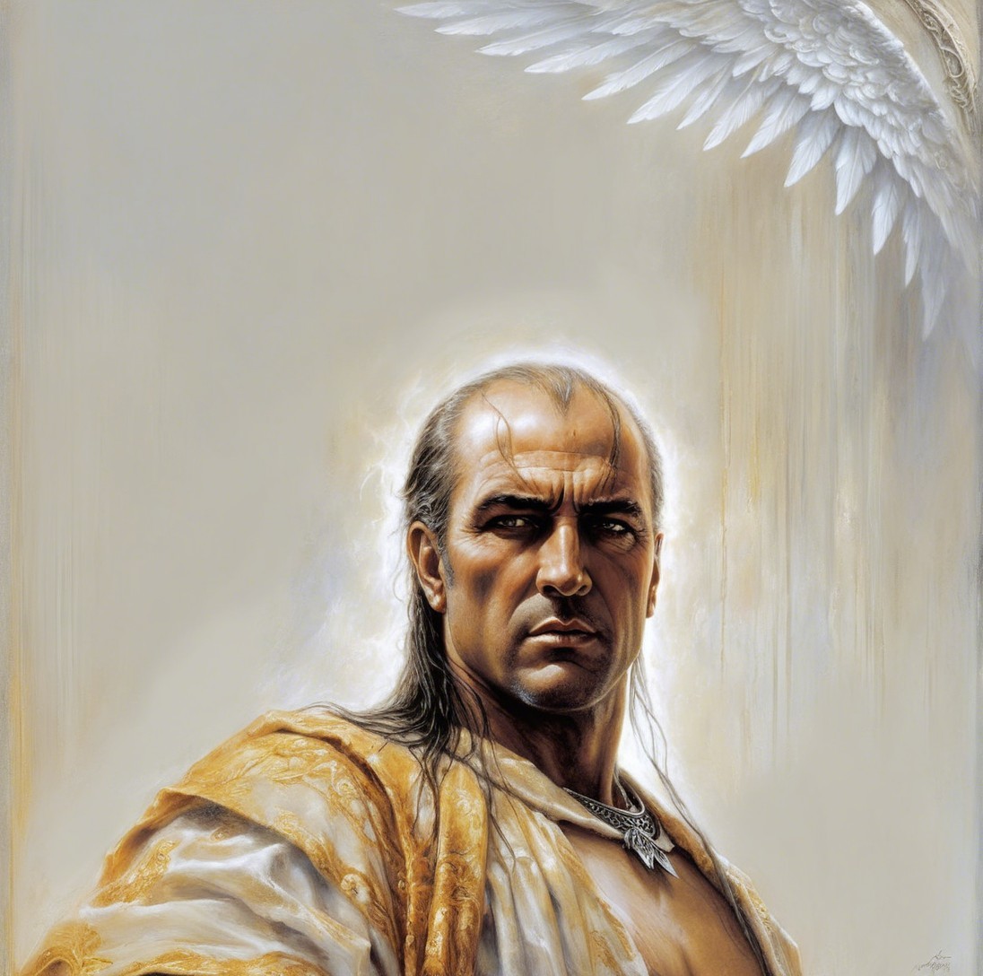 Muscular Man in Golden Robe with Angelic Wing