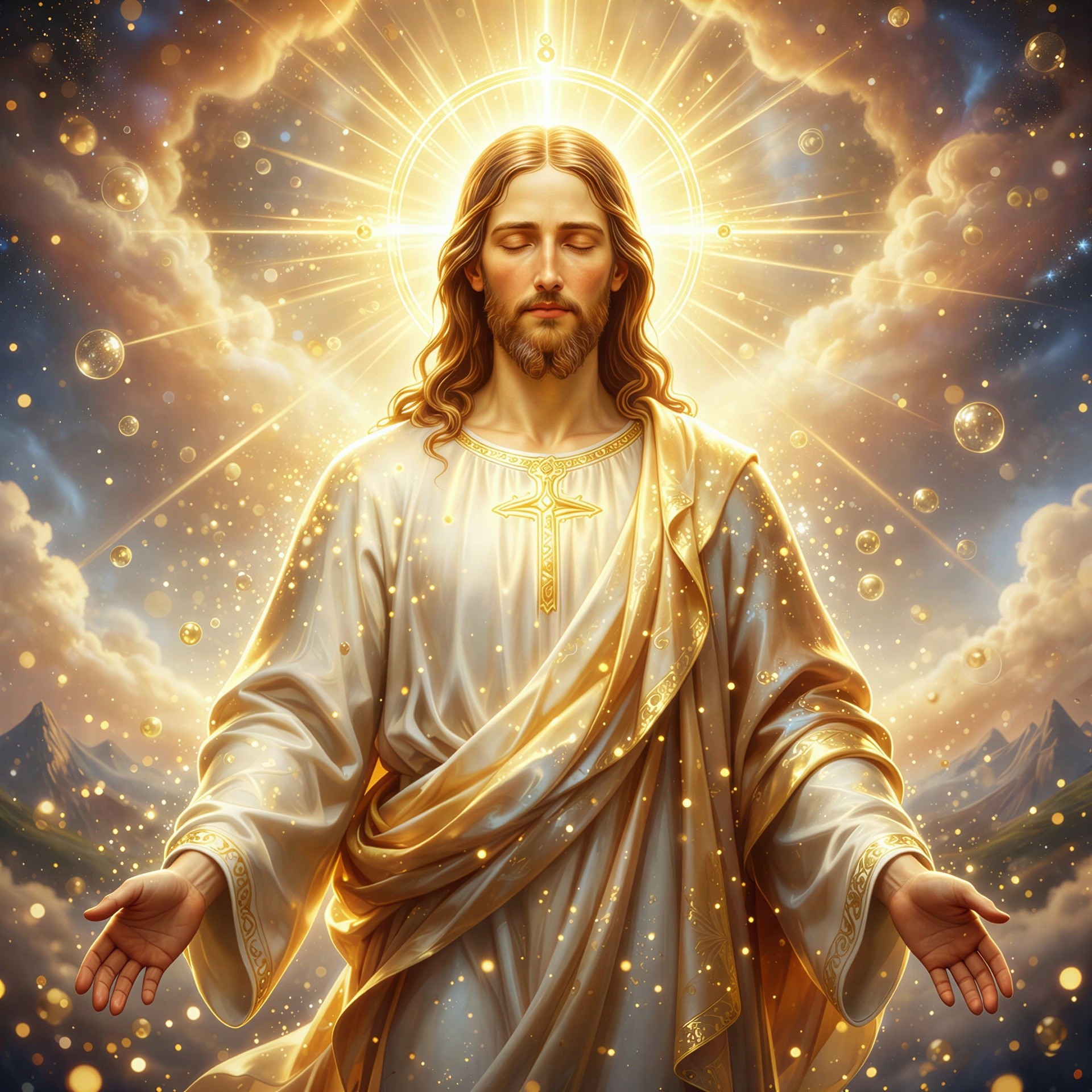 Jesus Christ in white robes against a cosmic sky