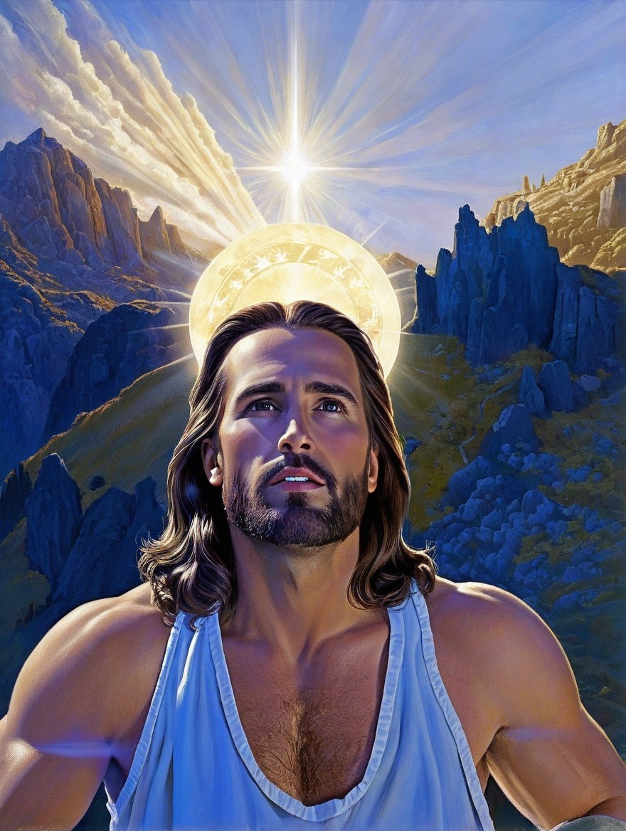 Serene figure in radiant light against majestic mountains