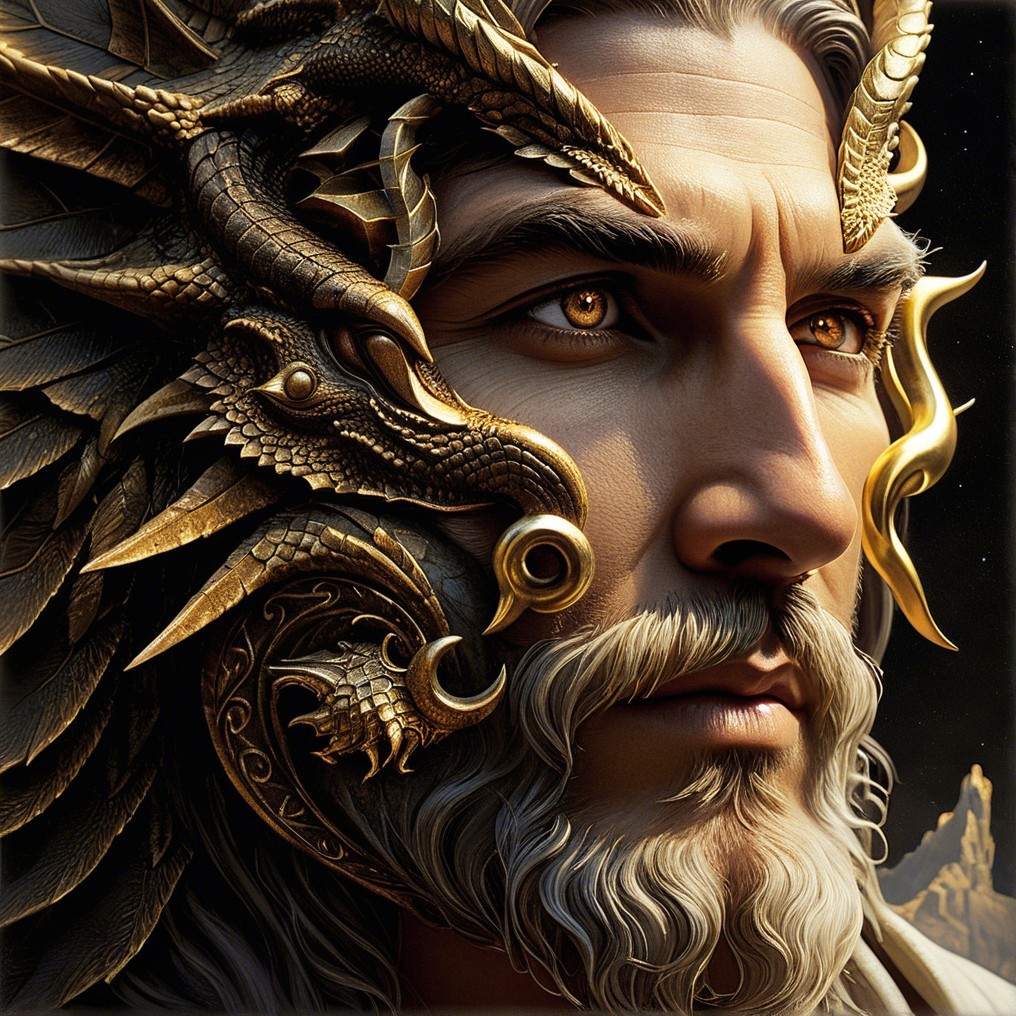 Majestic figure with dragon motifs and golden details