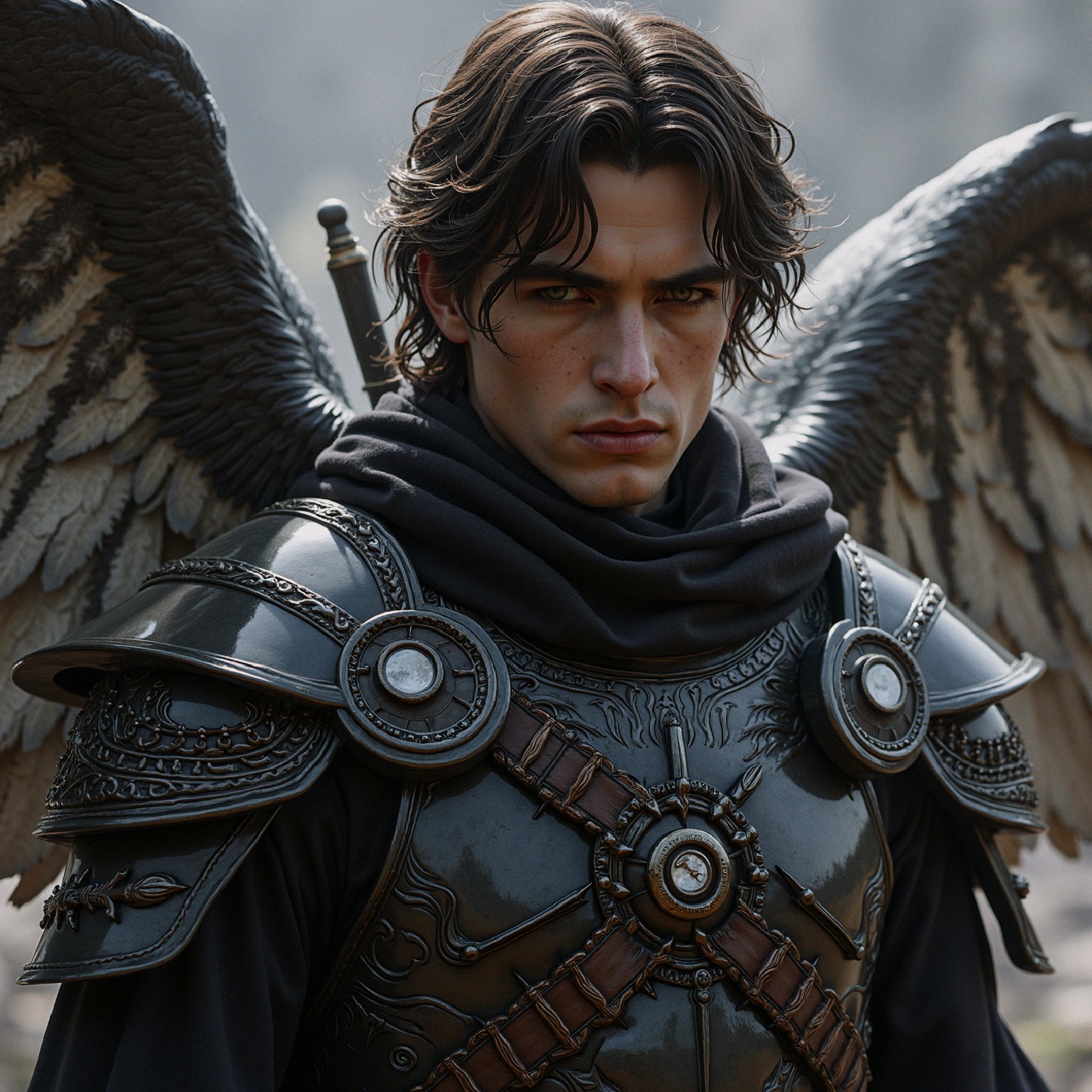 Ornate Dark Armor with Majestic Wings and Serious Expression