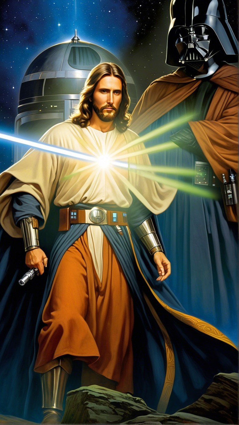 Dramatic Sci-Fi Scene with Robed and Armored Figures