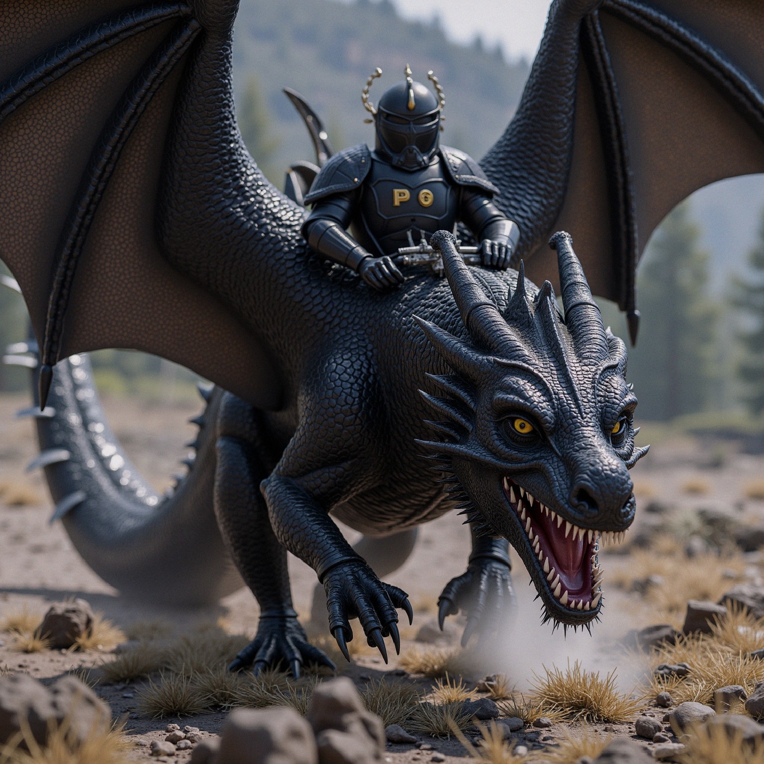 Fierce dragon and knight in dark armor over rugged landscape