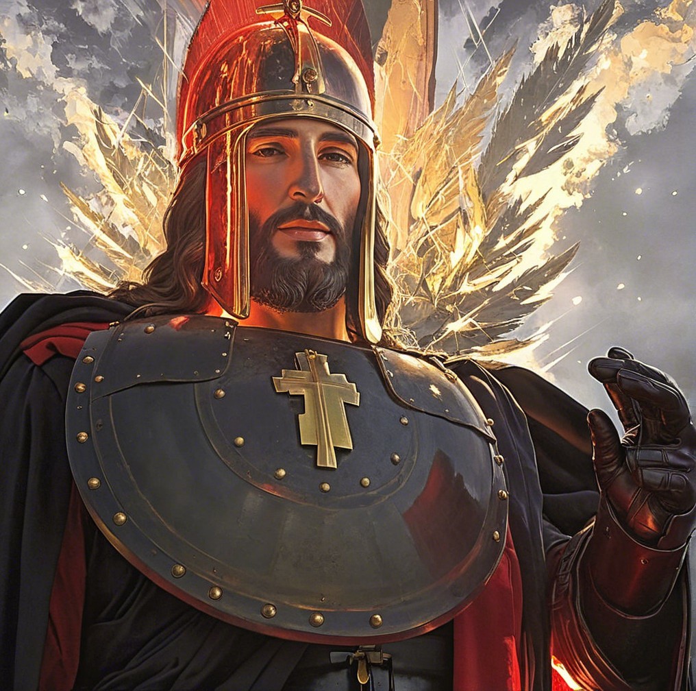 Heroic Figure in Ornate Armor with Red Cape and Wings