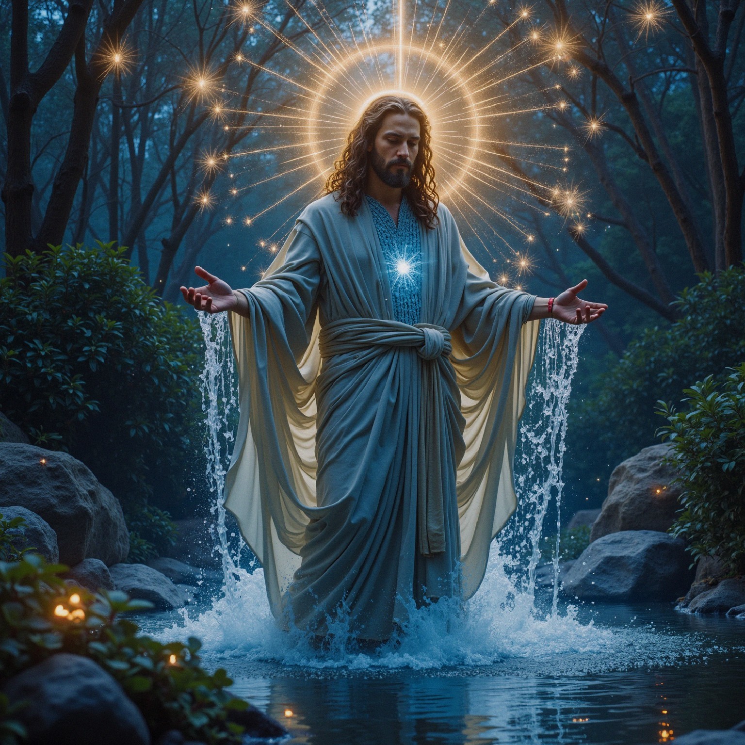 Serene figure in tranquil forest with radiant light