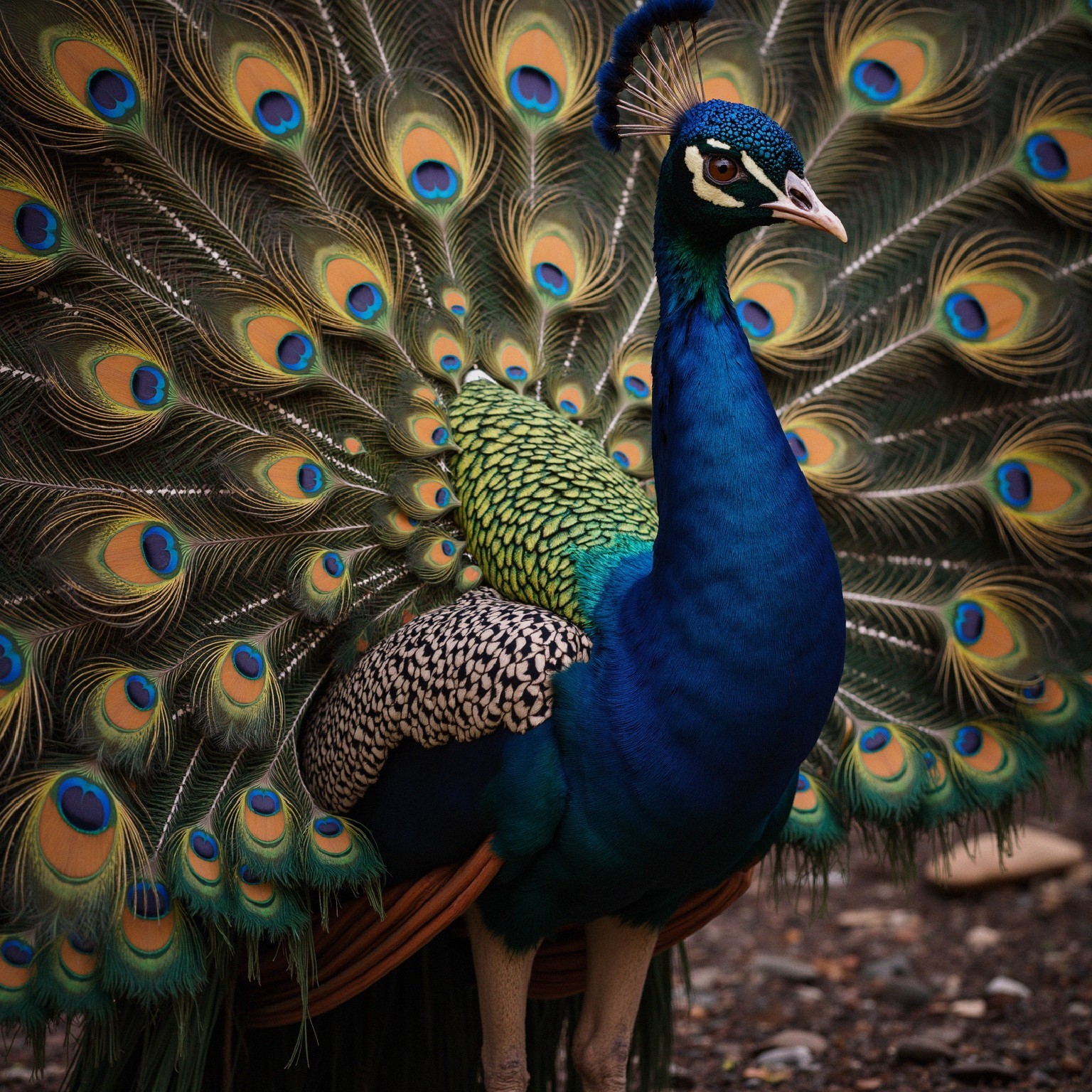 Vibrant Peacock with Iridescent Plumage and Crest