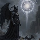 Majestic angel on rocky outcrop with radiant wings