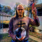 Man in Purple Robe with Crystal Ball in Misty Forest