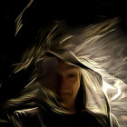 Serene figure with flowing hair and crescent moon backdrop