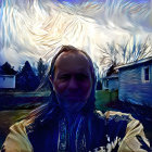 Serene landscape with figure in flowing robe and light