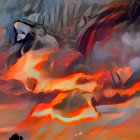Majestic dragon in fiery landscape with rugged mountains