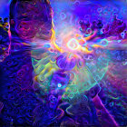 Serene figure with illuminated symbol in vibrant background