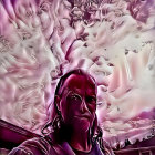 Serene figure in golden robe in sunlit forest