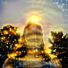 Serene figure in blue robes gazing at ethereal being