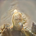 Mystical Figure by Waterfall with Ethereal Orb