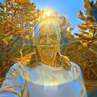 Majestic figure in white robes with radiant sun symbol