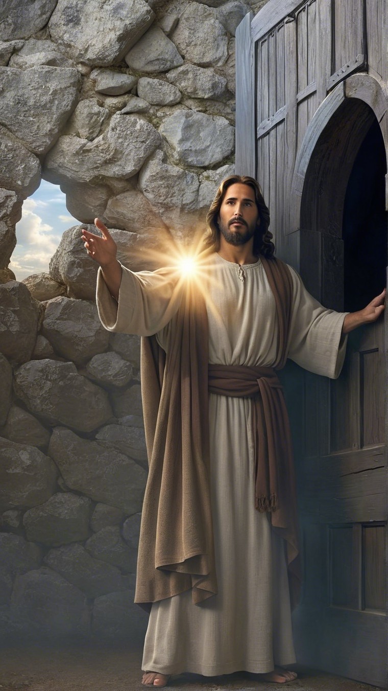 Serene figure by ancient stone doorway with radiant light