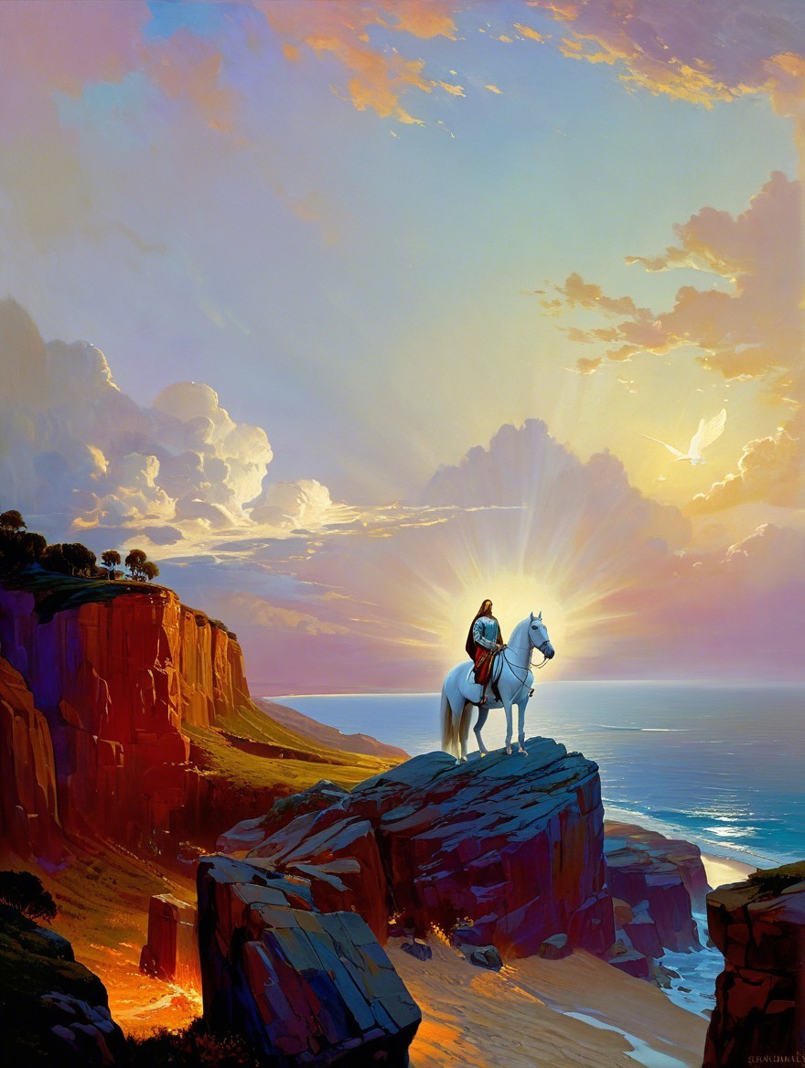 Majestic Sunset Over Ocean with Rider on White Horse
