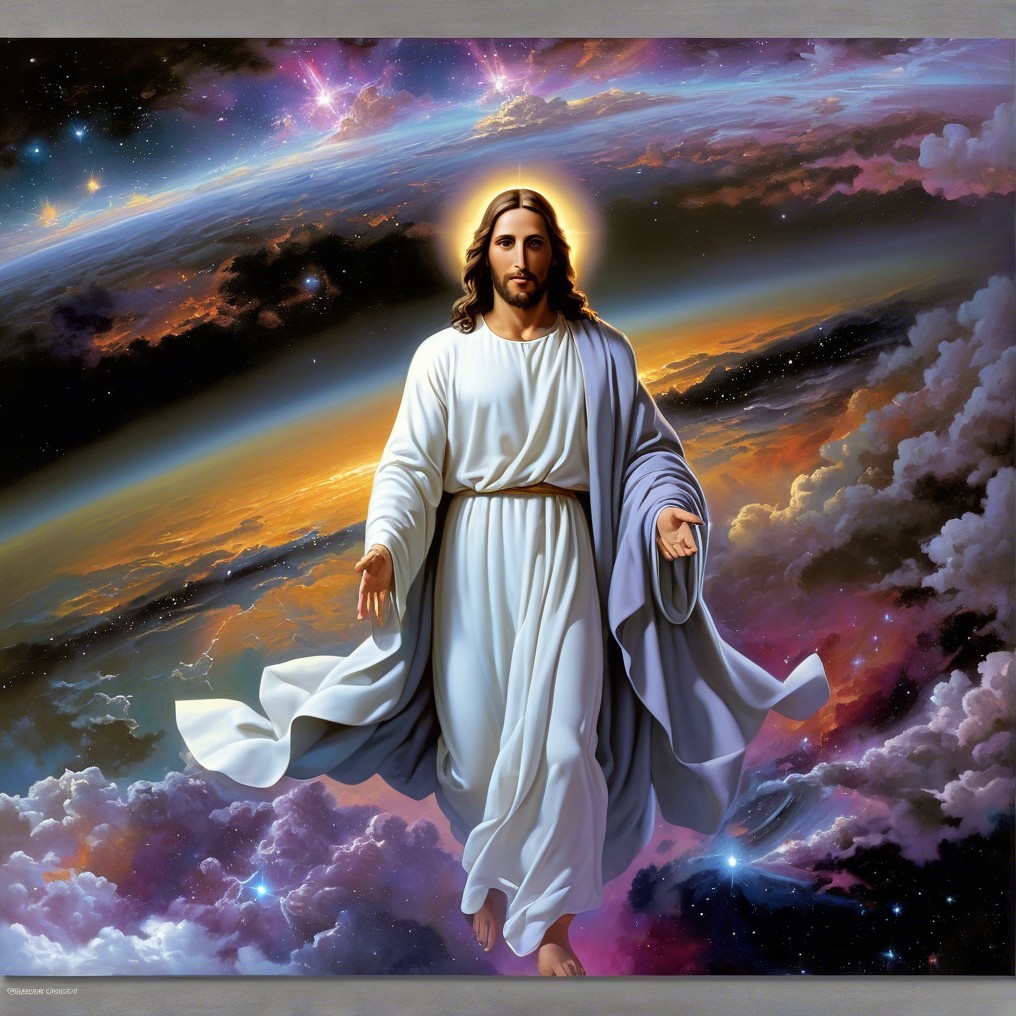 Divine Figure Against Cosmic Backdrop with Galaxies