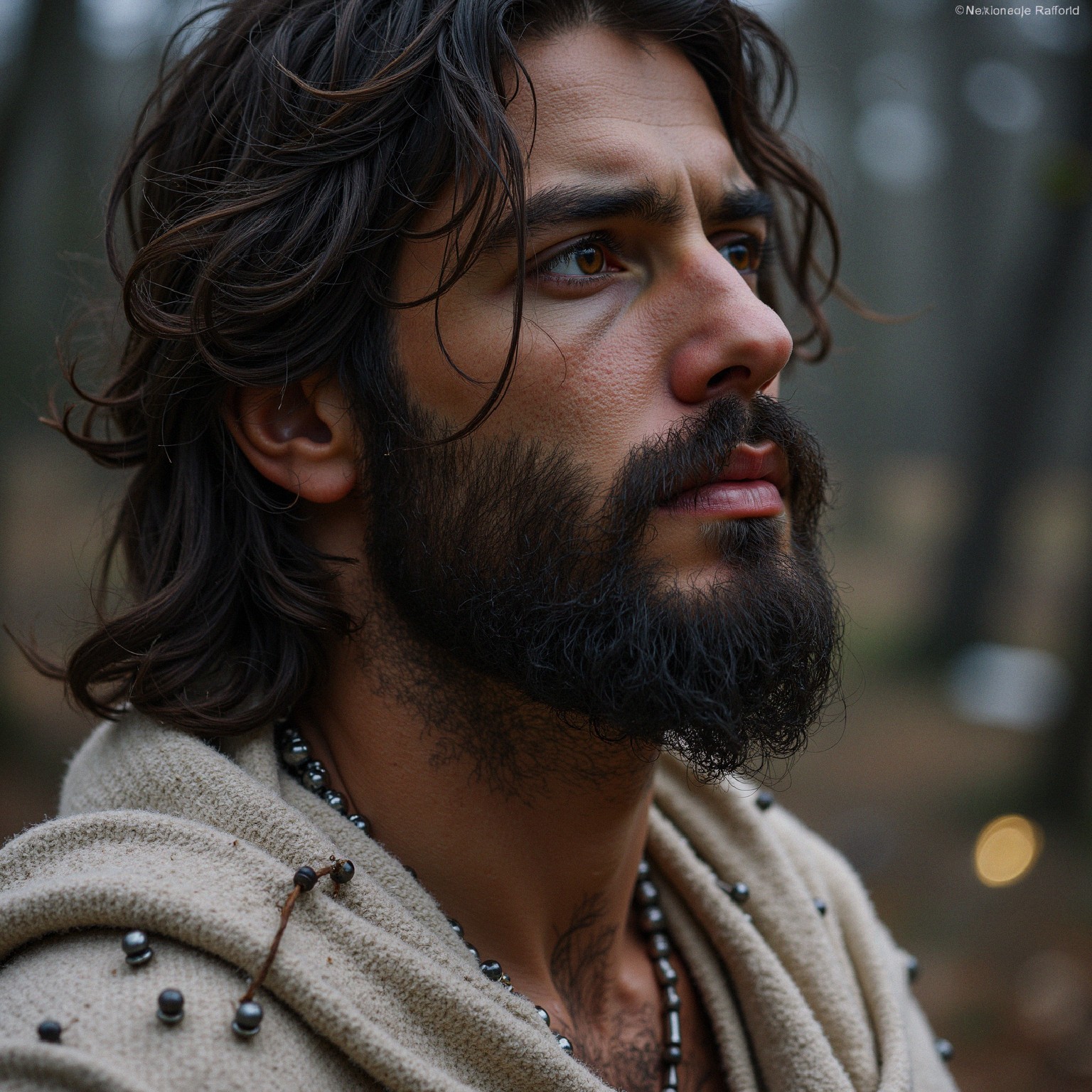 Young man in cream garment gazes in serene forest setting