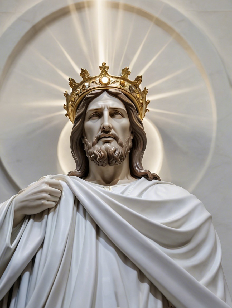Crowned Statue with Flowing Robes and Radiant Light