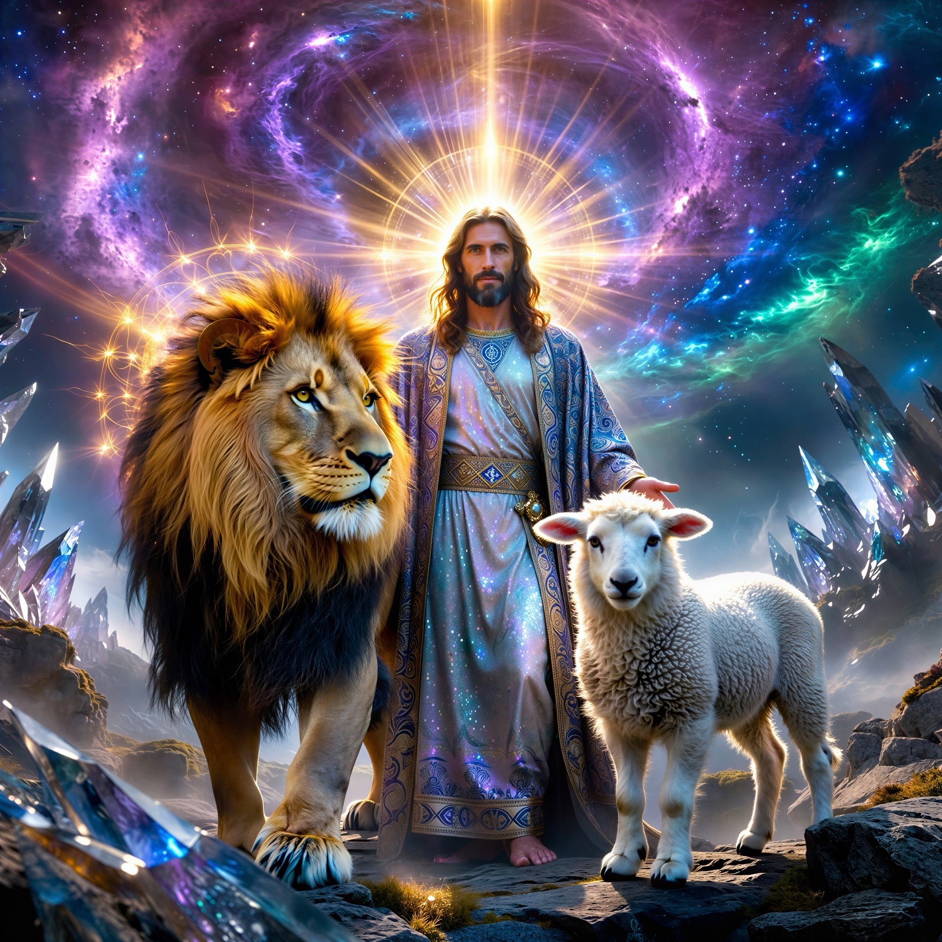 Divine Being Surrounded by Nebulae and Lion Companion