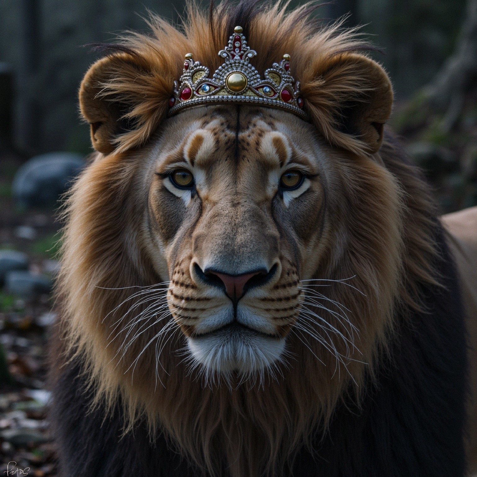 Majestic lion with crown in a blurred forest background