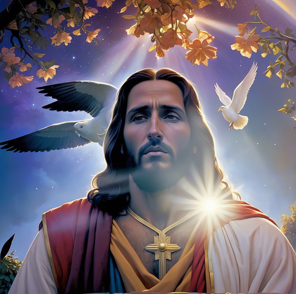 Serene Figure Surrounded by Light and Nature Elements
