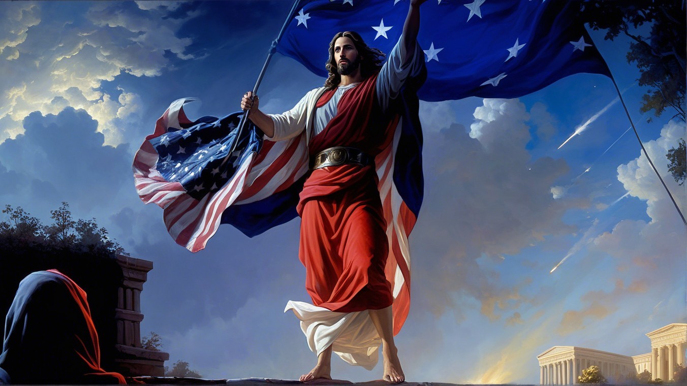 Figure Resembling Jesus with American Flag and Clouds