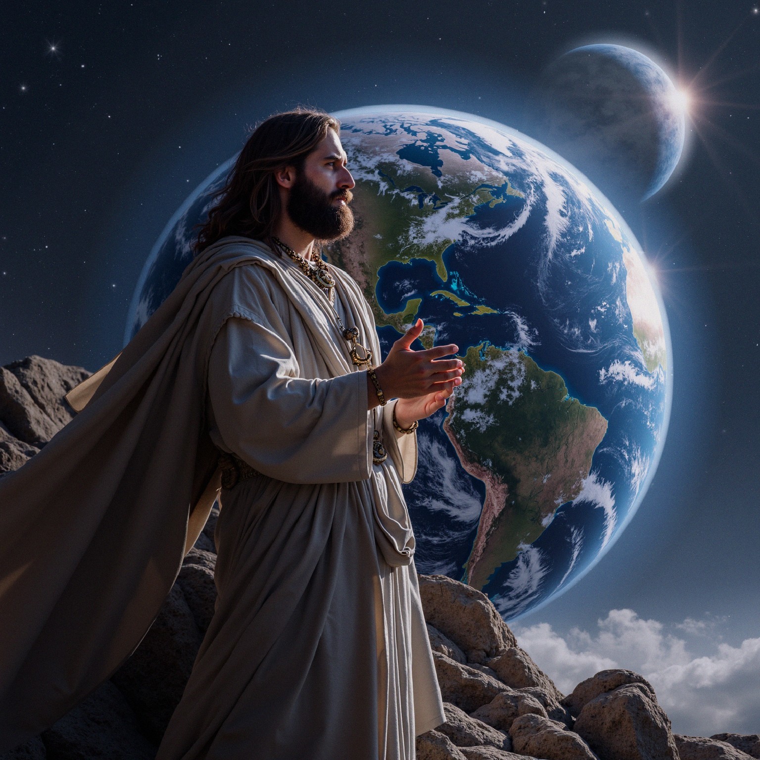 Serene figure with Earth backdrop in mystical setting