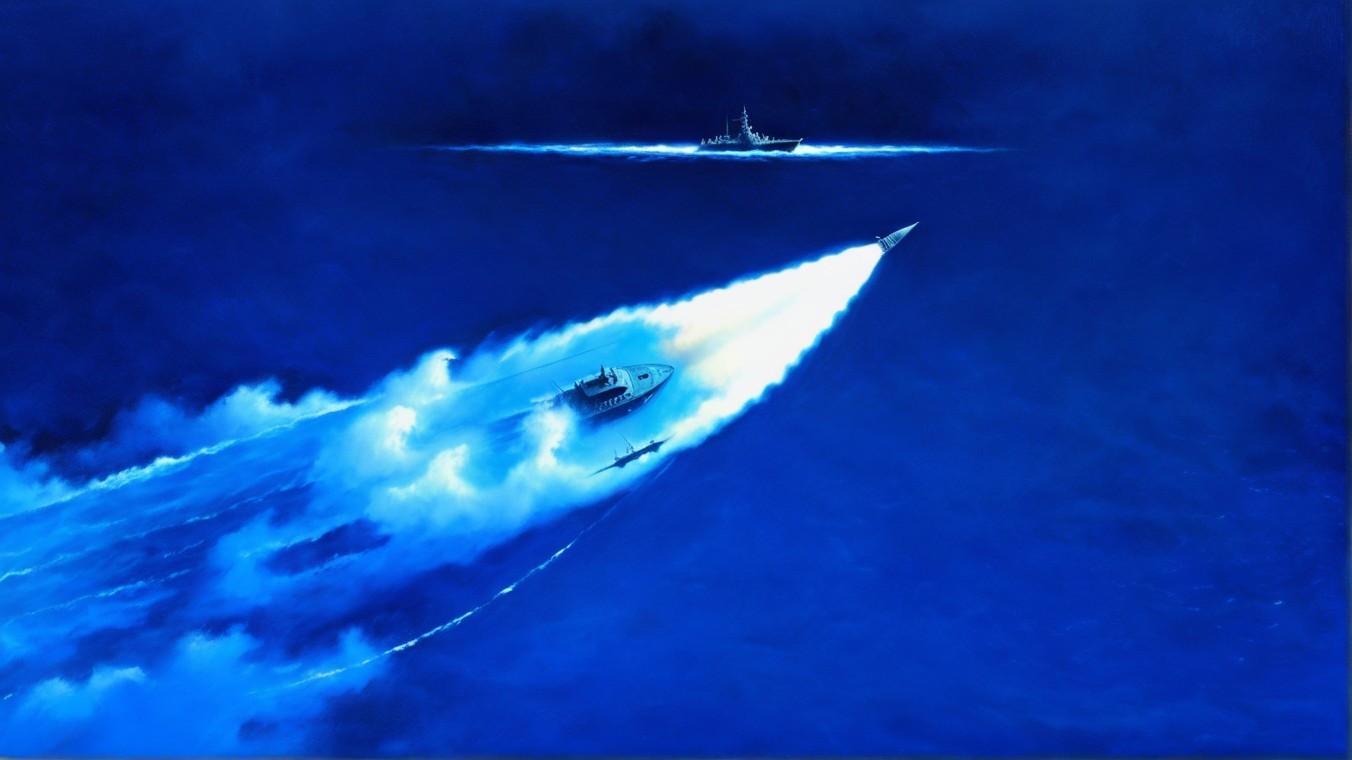 Deep Blue Ocean Scene with Boat and Naval Ship