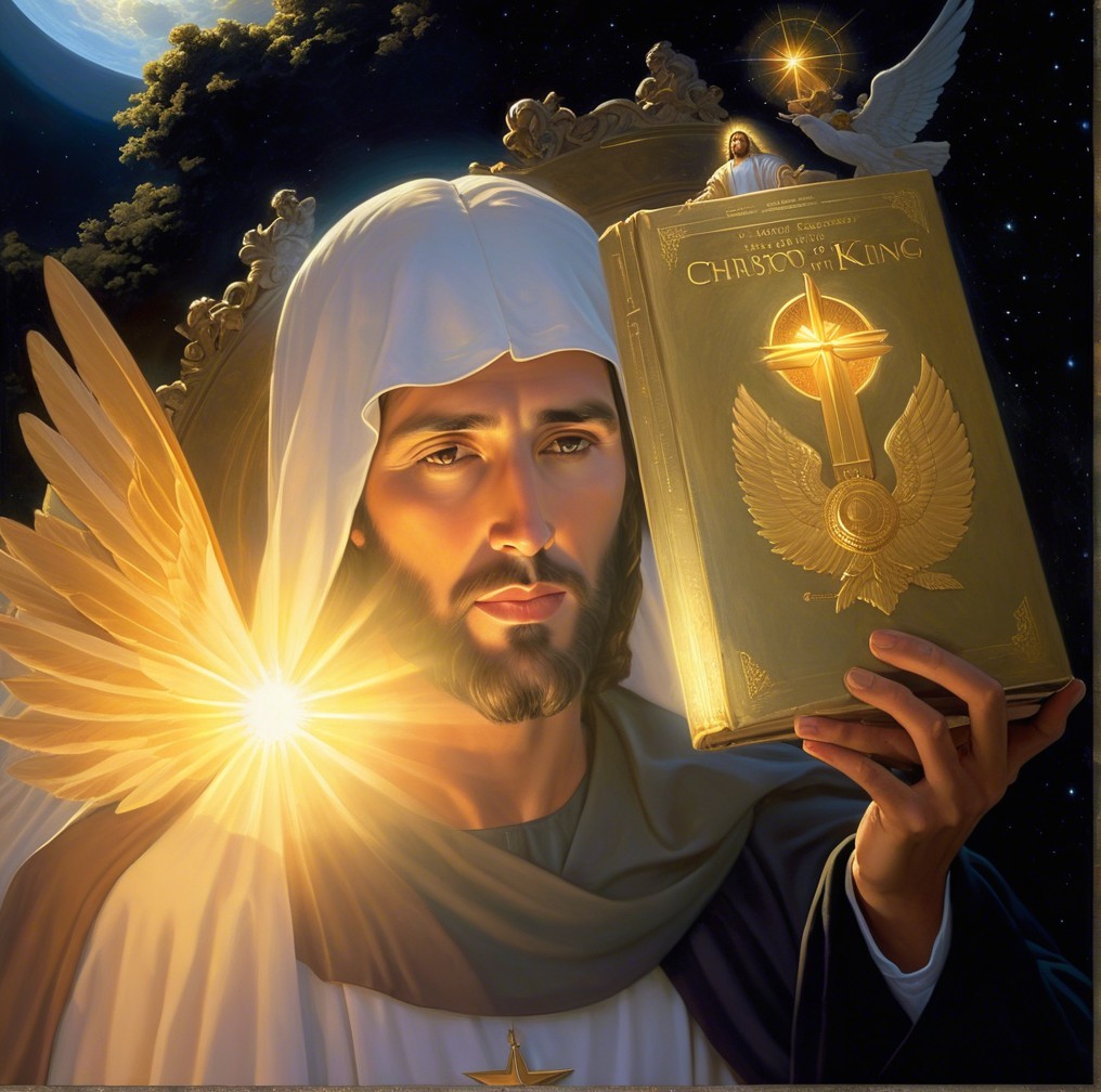 Ethereal Figure with Illuminated Book in Celestial Scene