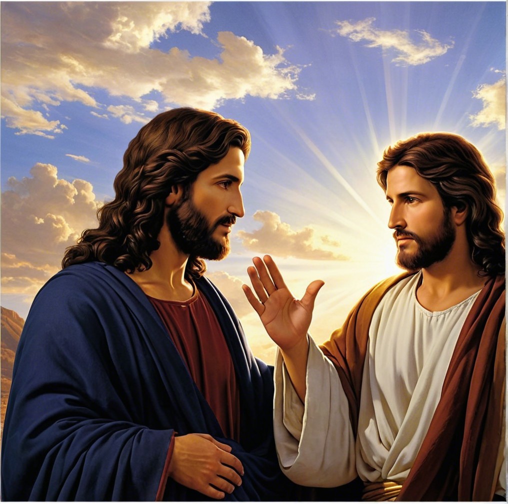 Figures in Robes in Serene Sunrise Landscape