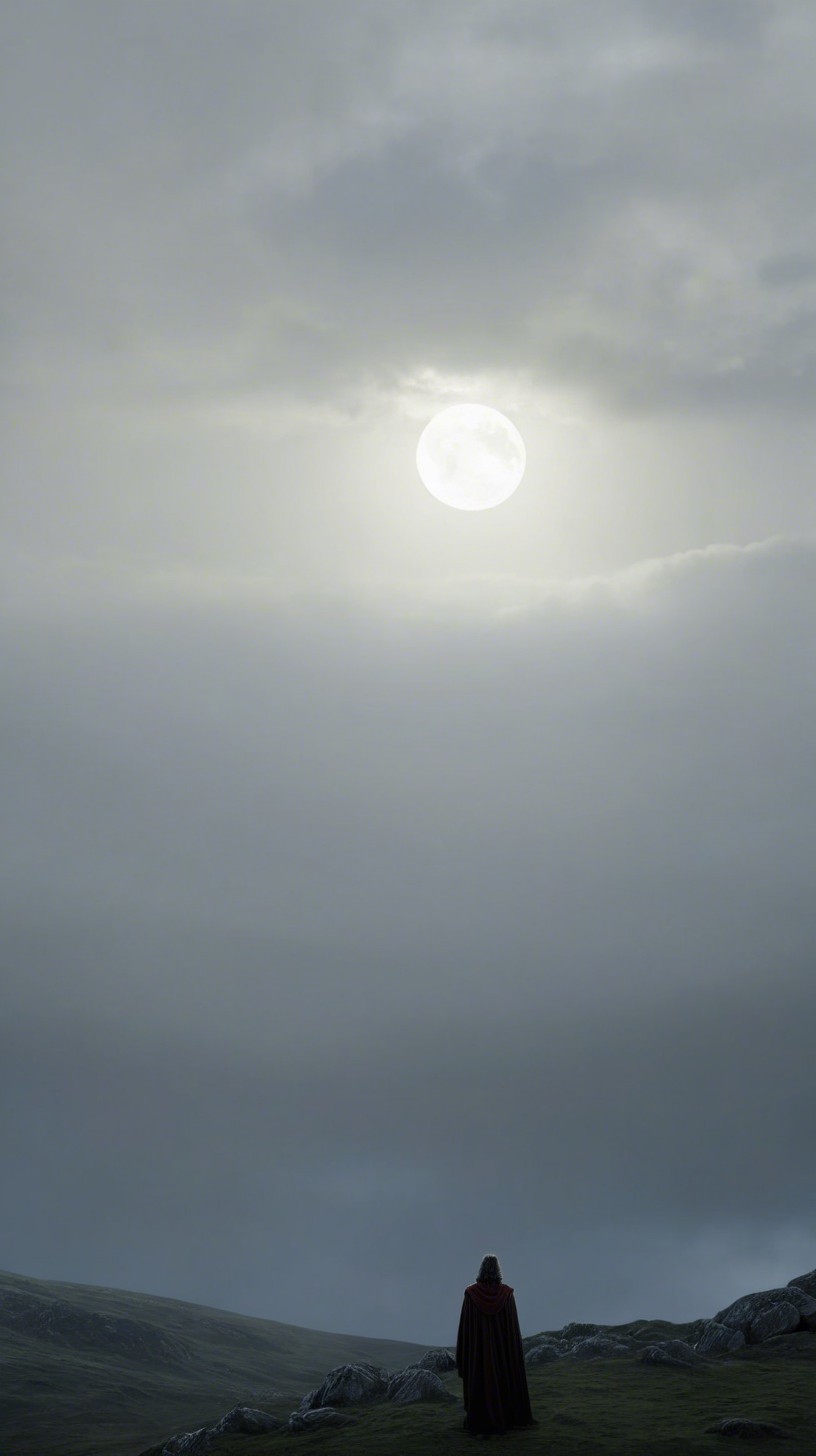 Cloaked Figure on Mountain Under Supermoon at Dusk