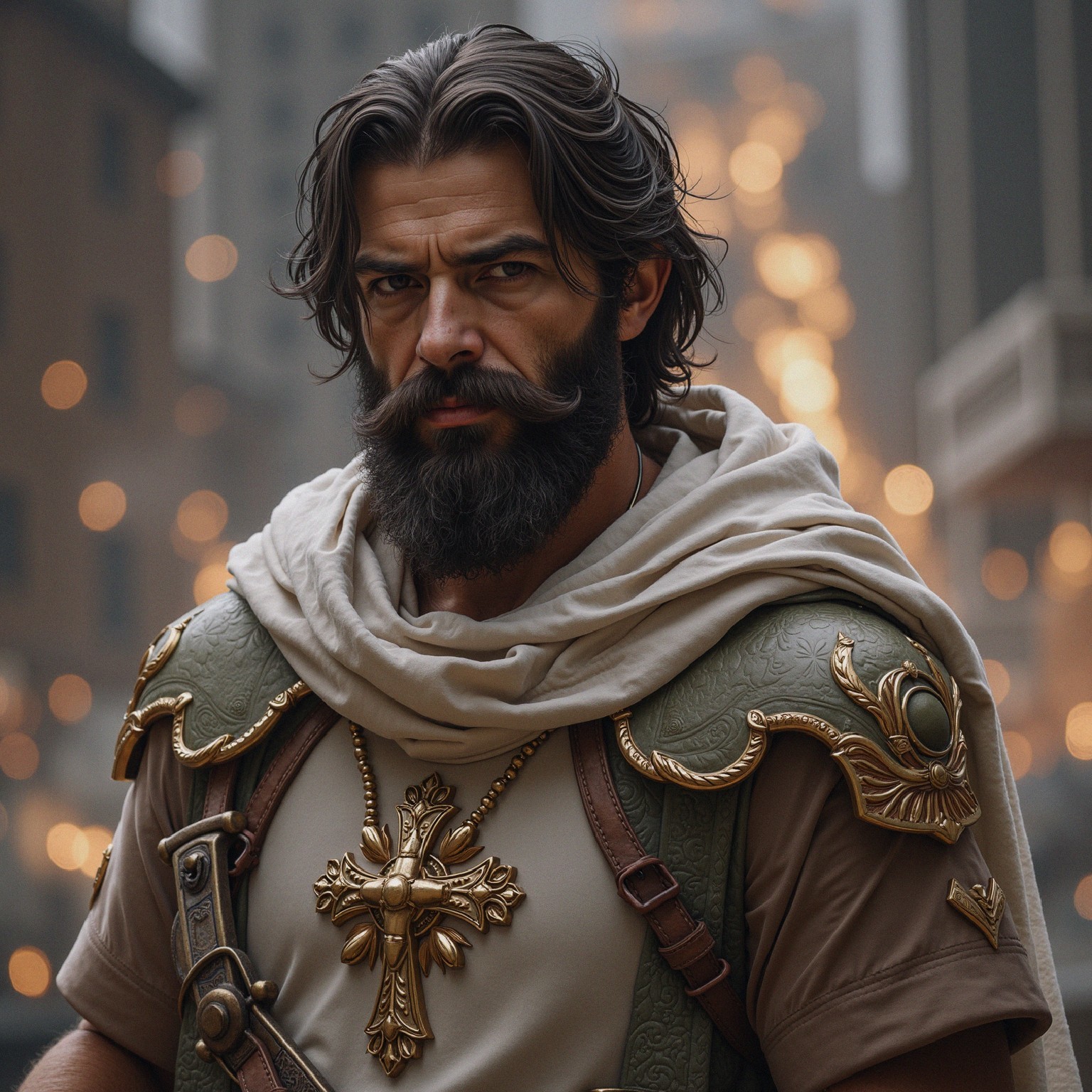 Bearded Man in Intricate Armor in Historical Setting