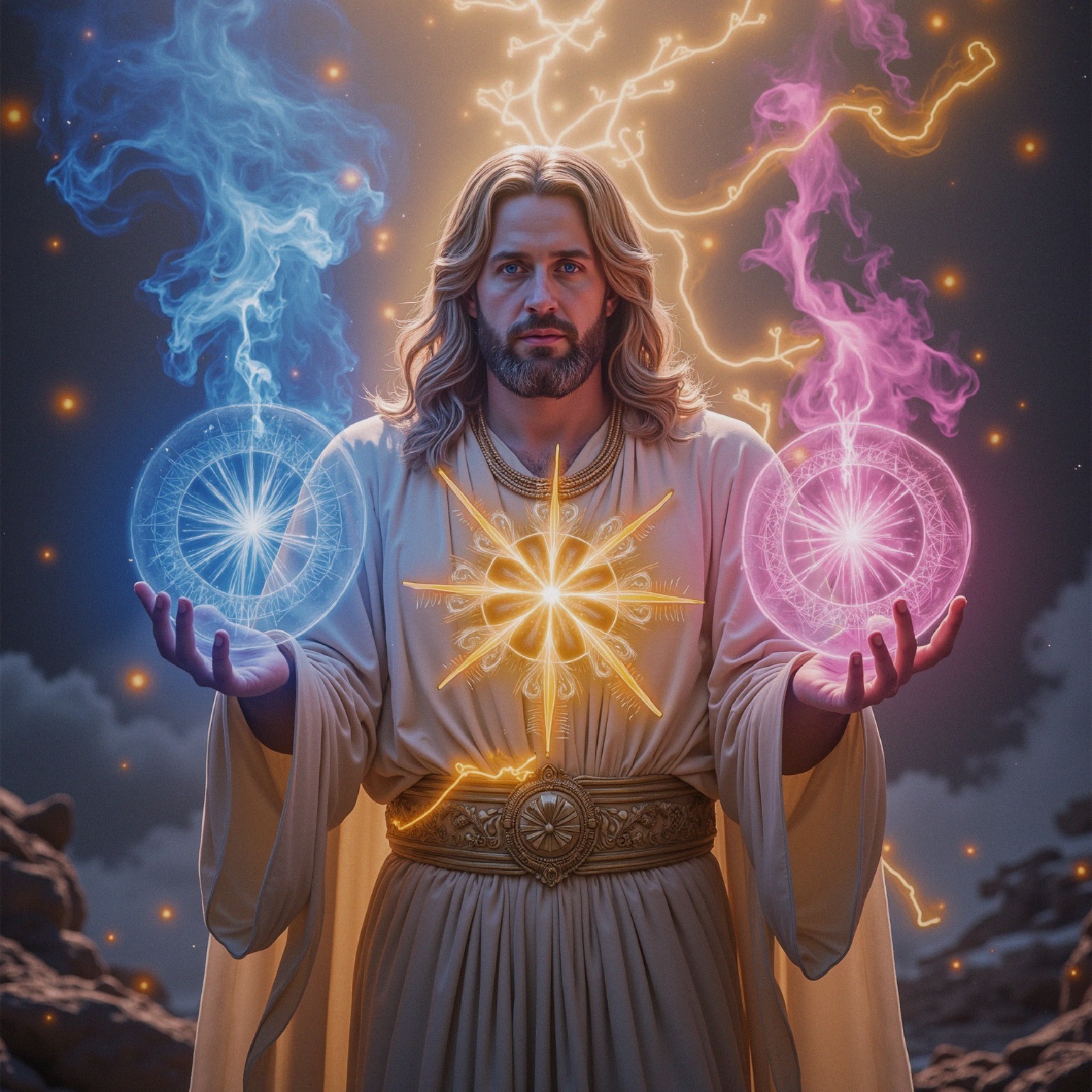 Majestic figure in white robe with glowing energy orbs