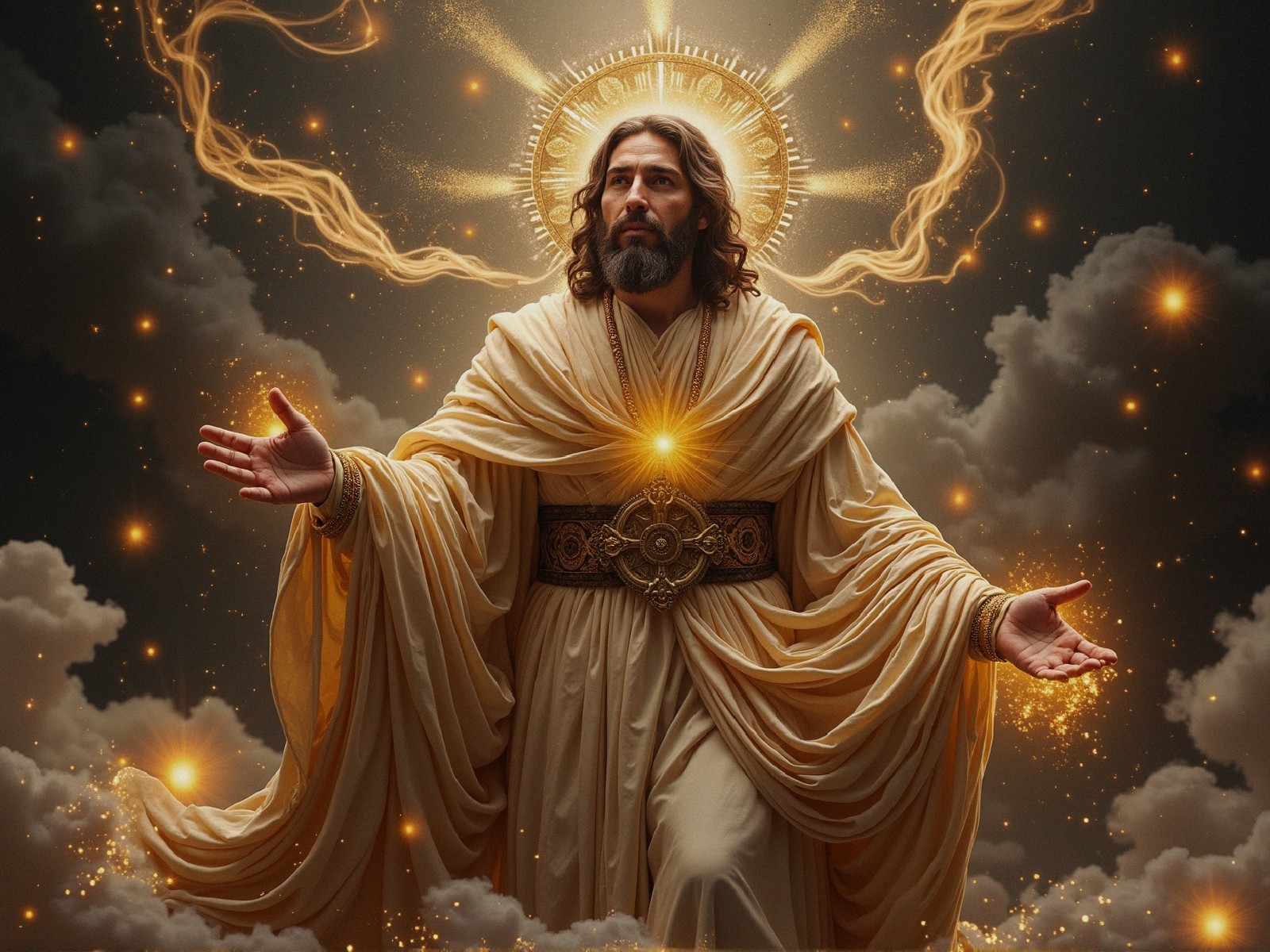 Majestic figure in flowing robes surrounded by light