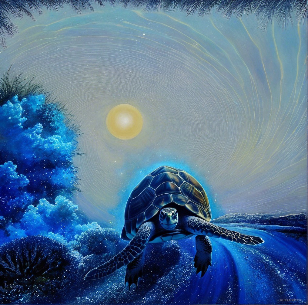 Stylized Turtle in Tranquil Blue Landscape Scene
