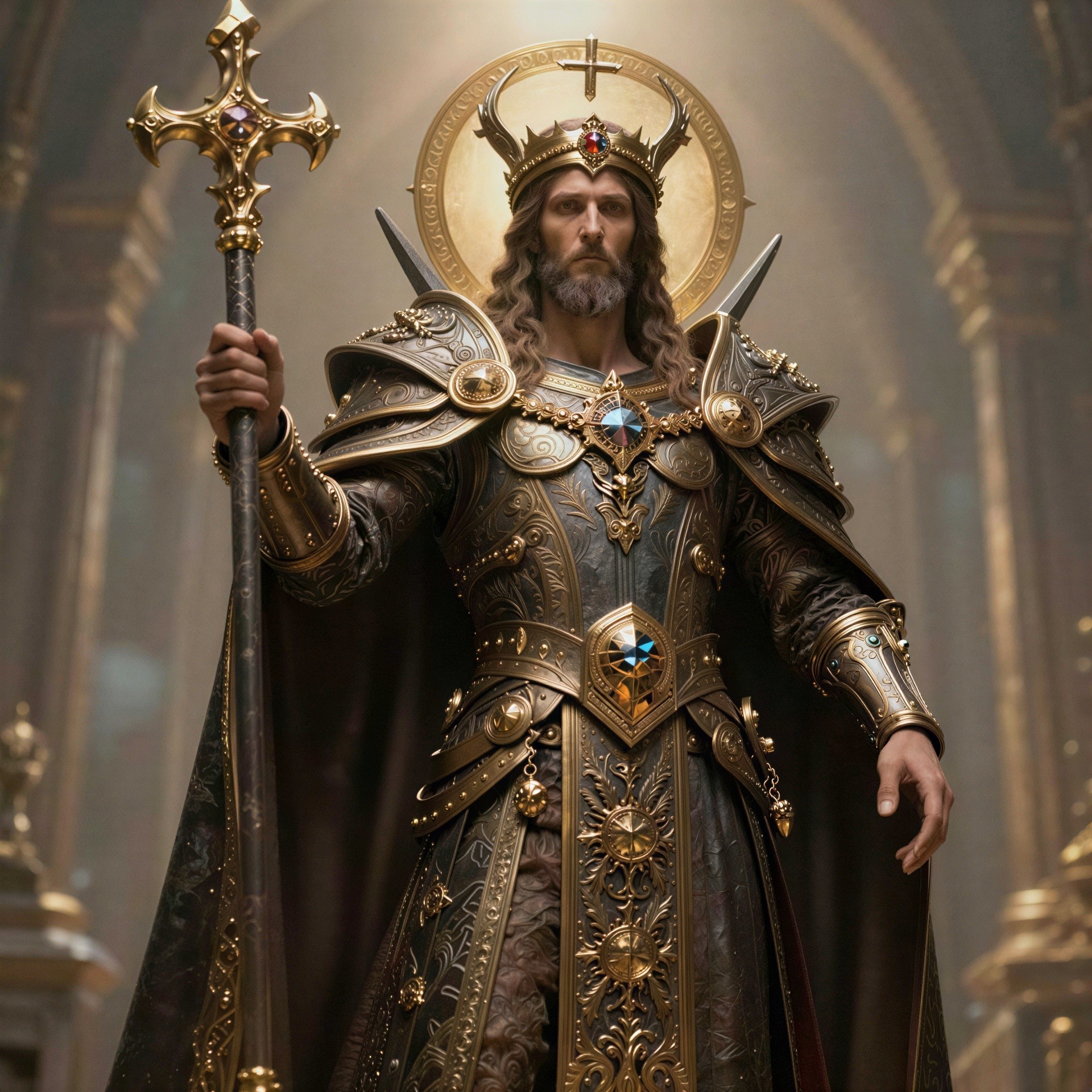 Regal King in Ornate Armor with Golden Halo