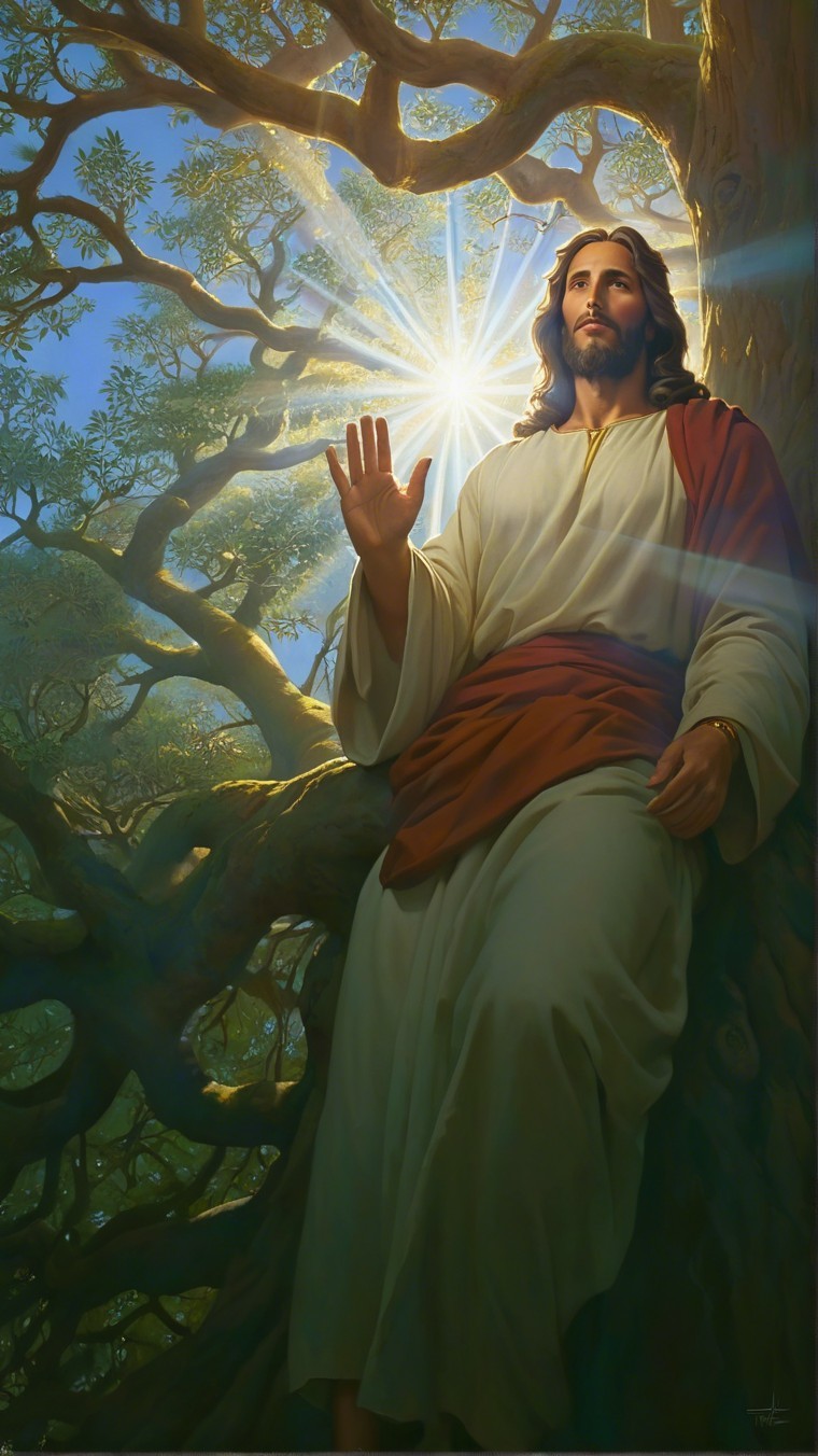 Jesus Seated Among Lush Branches in Divine Light