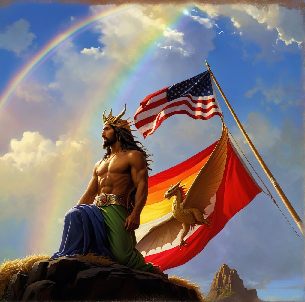 Muscular Man with Flags and Rainbow in Serene Sky