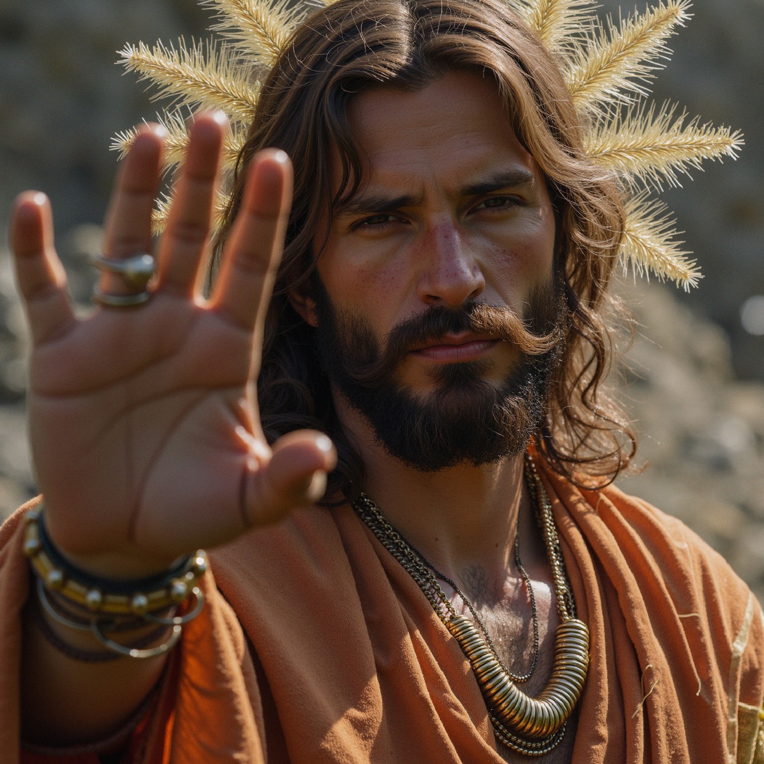 Man in Orange Robe with Halo and Jewelry