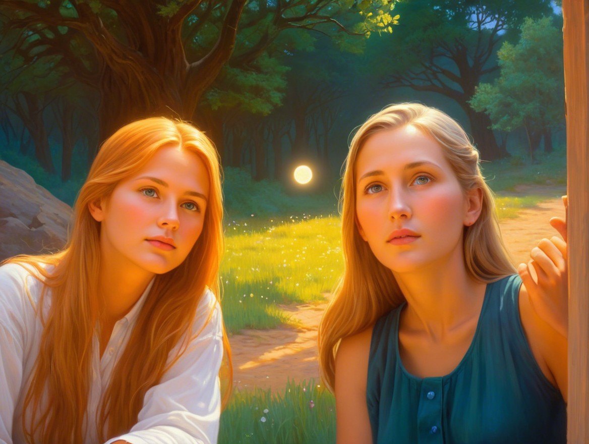 Young women in a serene forest at sunset