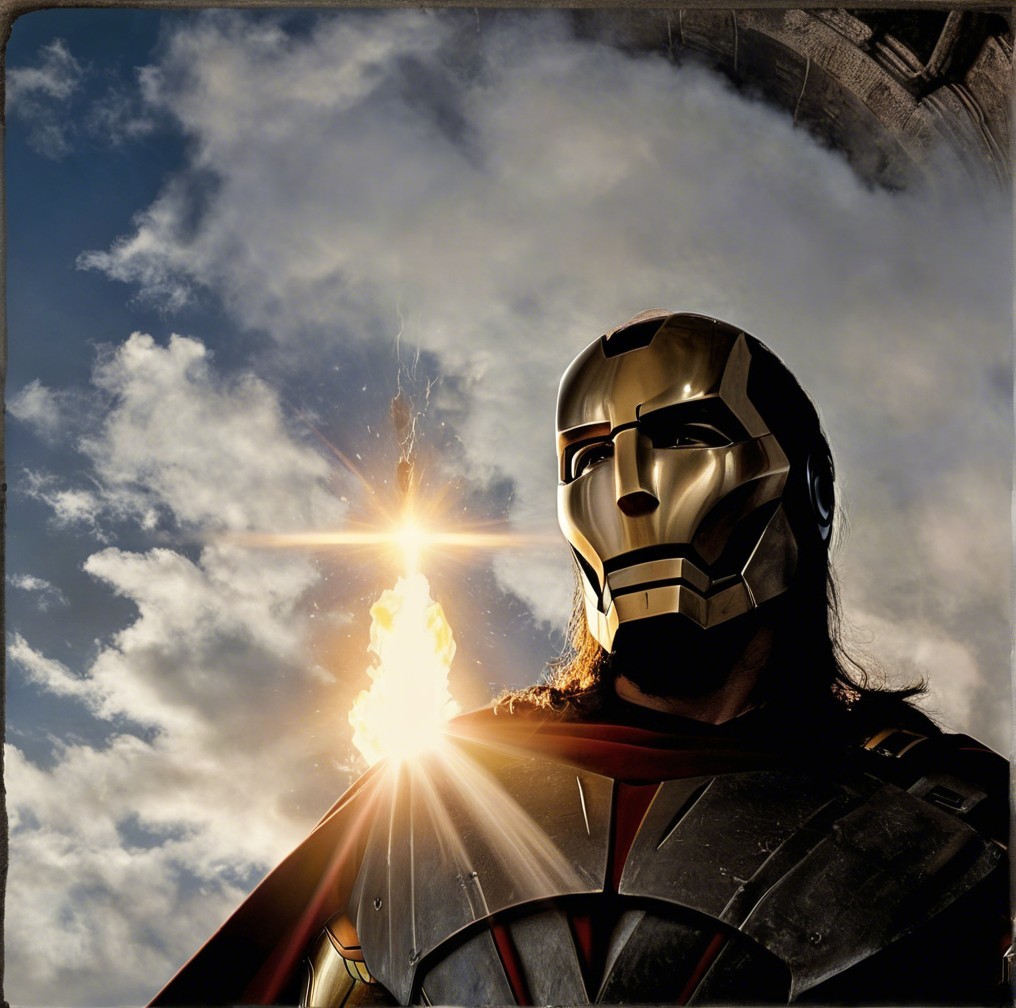 Heroic figure in golden mask against dramatic sky
