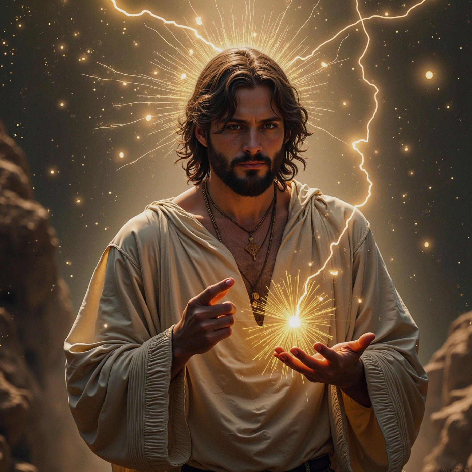 Man in Beige Robe with Glowing Orb in Dramatic Setting